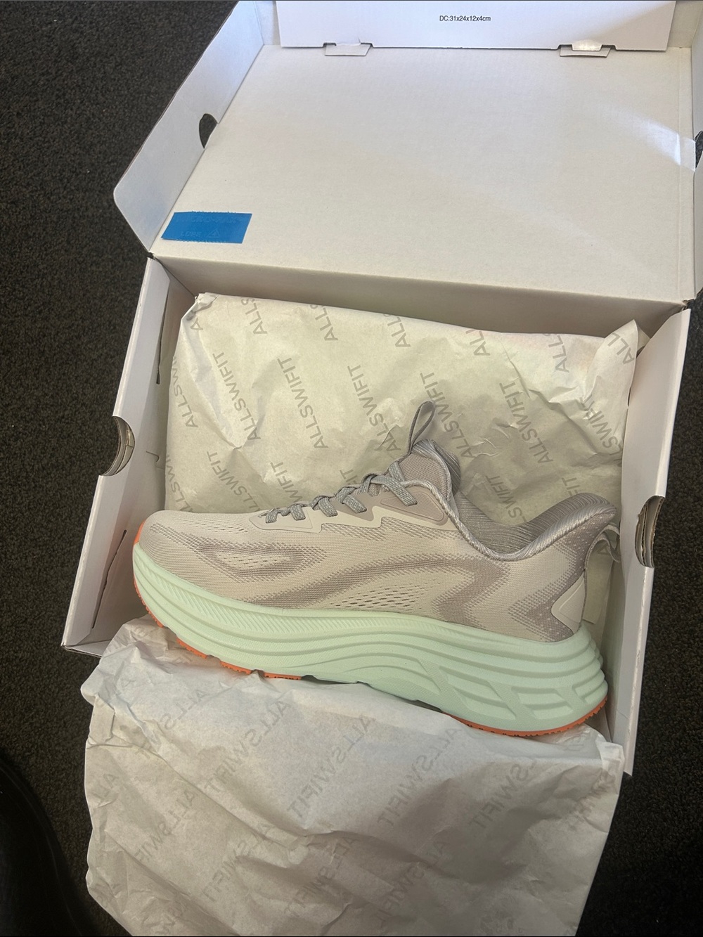 ALLSWIFT Shoes in box has green & gray with Orange Accent lace up sneakers
